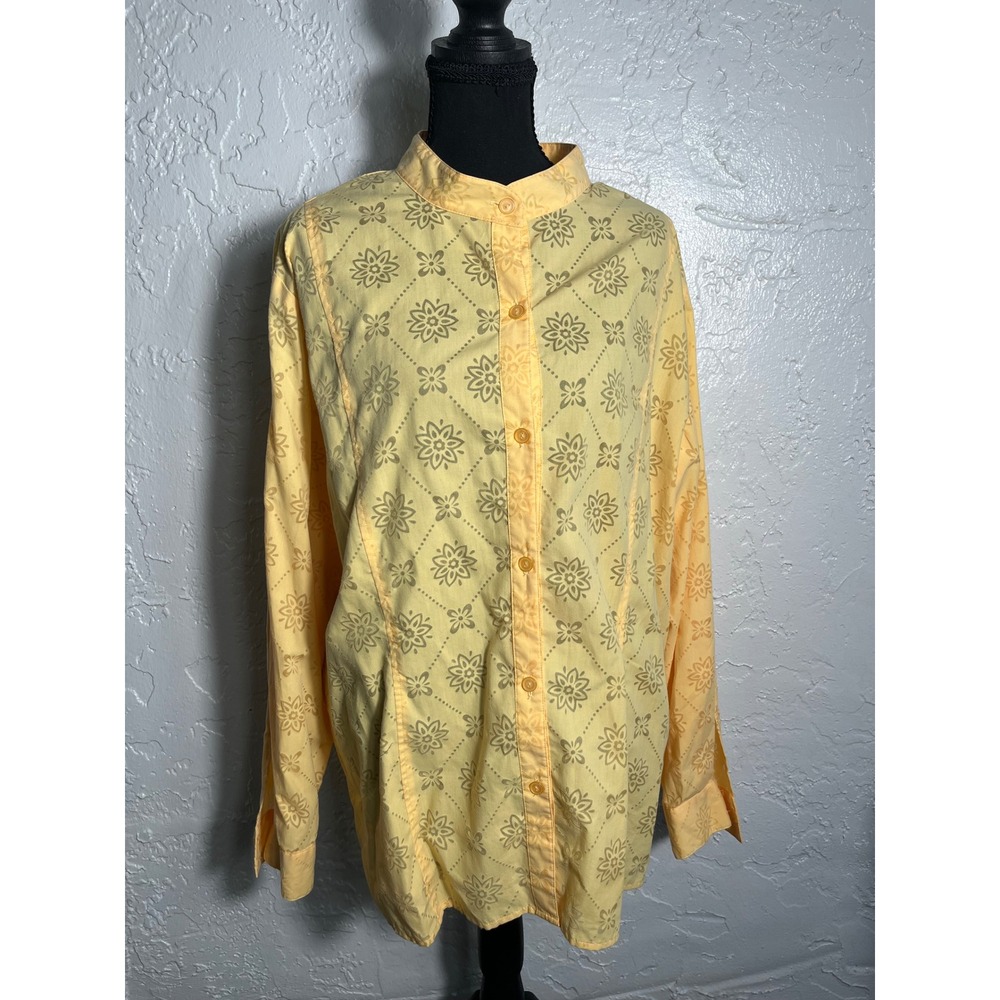 Alfred Dunner 20W Yellow Floral Mandarin Collar Button Front Blouse Plus Size